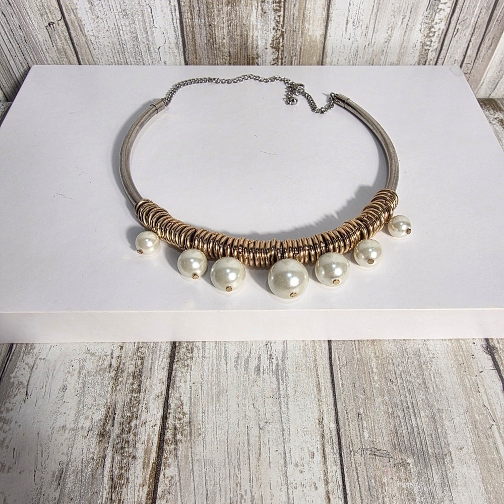 Mixed Metal Gold Silver Tone Faux Pearl Charm Torque Collar Statement Necklace